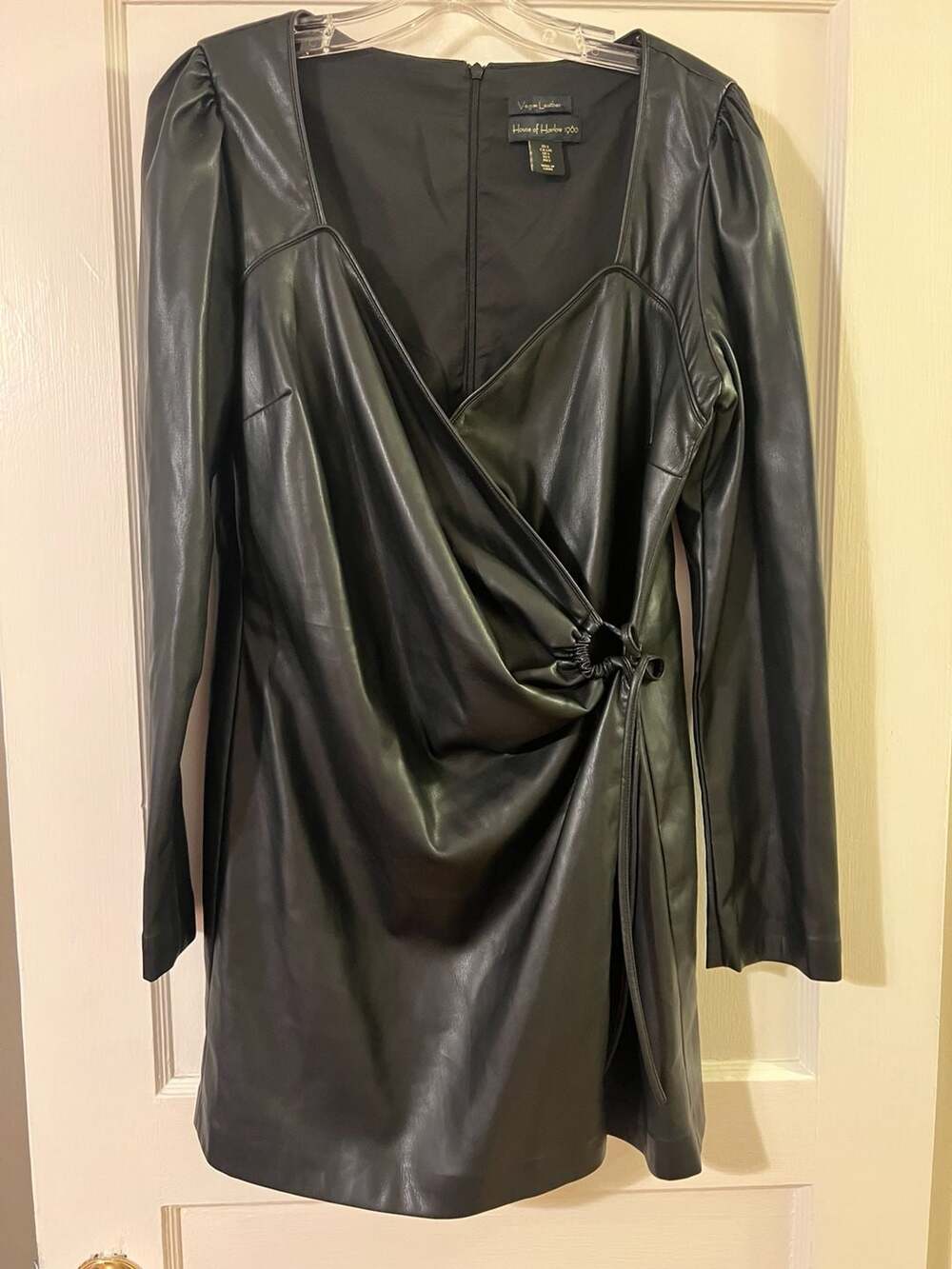 House of Harlow 1960 Black Vegan Leather Long Sleeve Wrap Mini Dress Size L